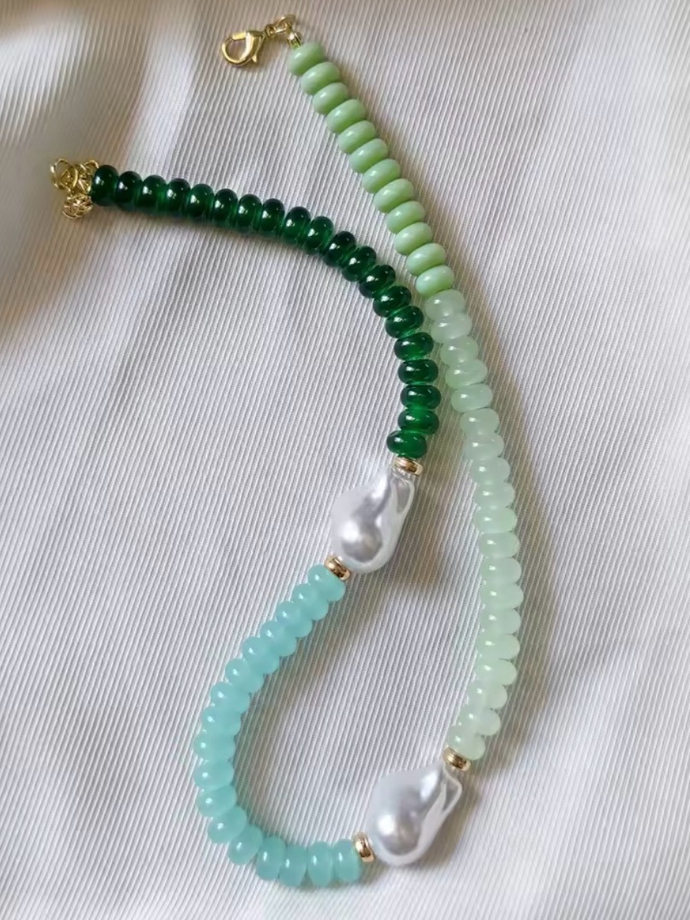 Handcrafted Green Beaded Necklace with Pearl Accents